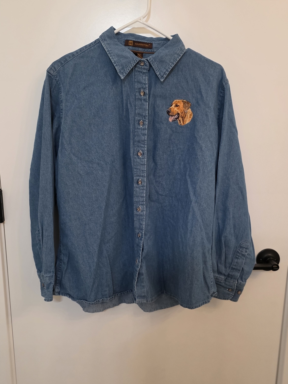 Hamilton Blue Denim Button-Up Shirt with Embroidered Dog
